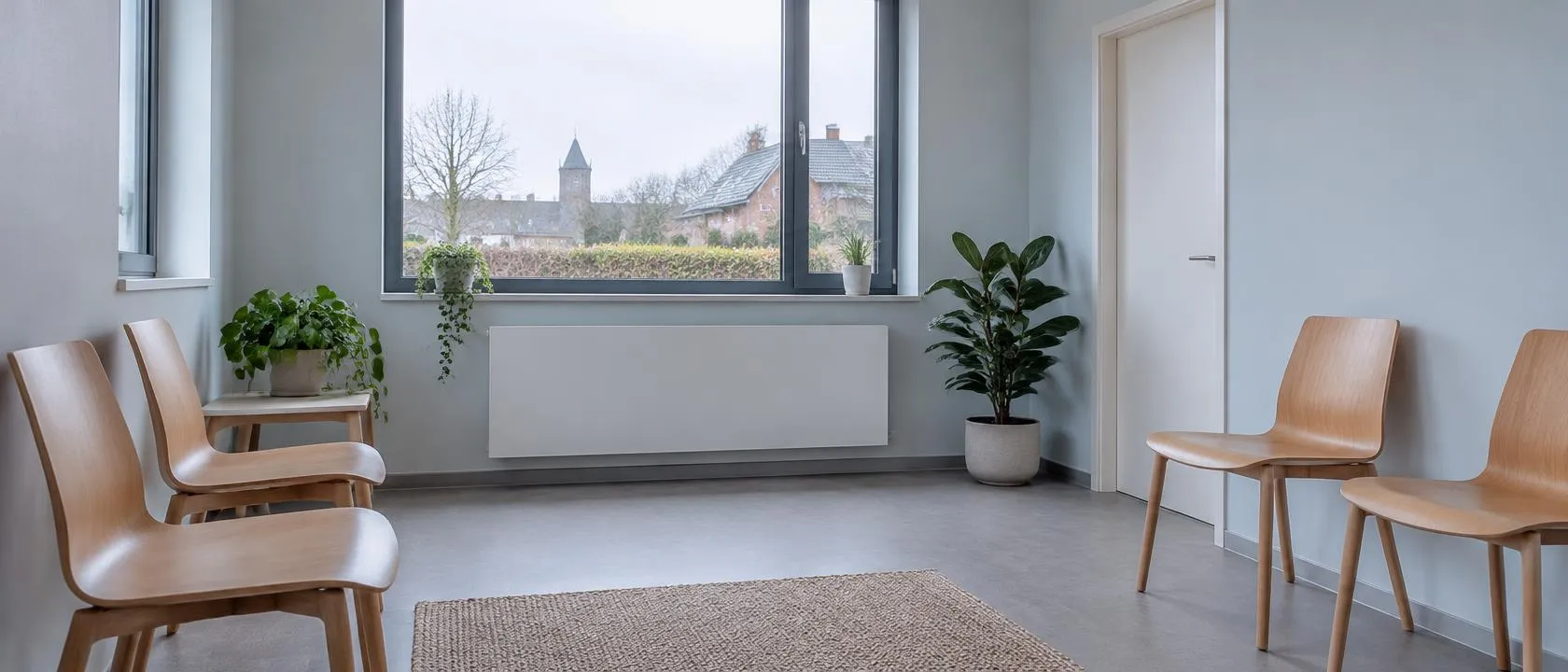 Wachtzaal met houten stoelen en planten bij het raam